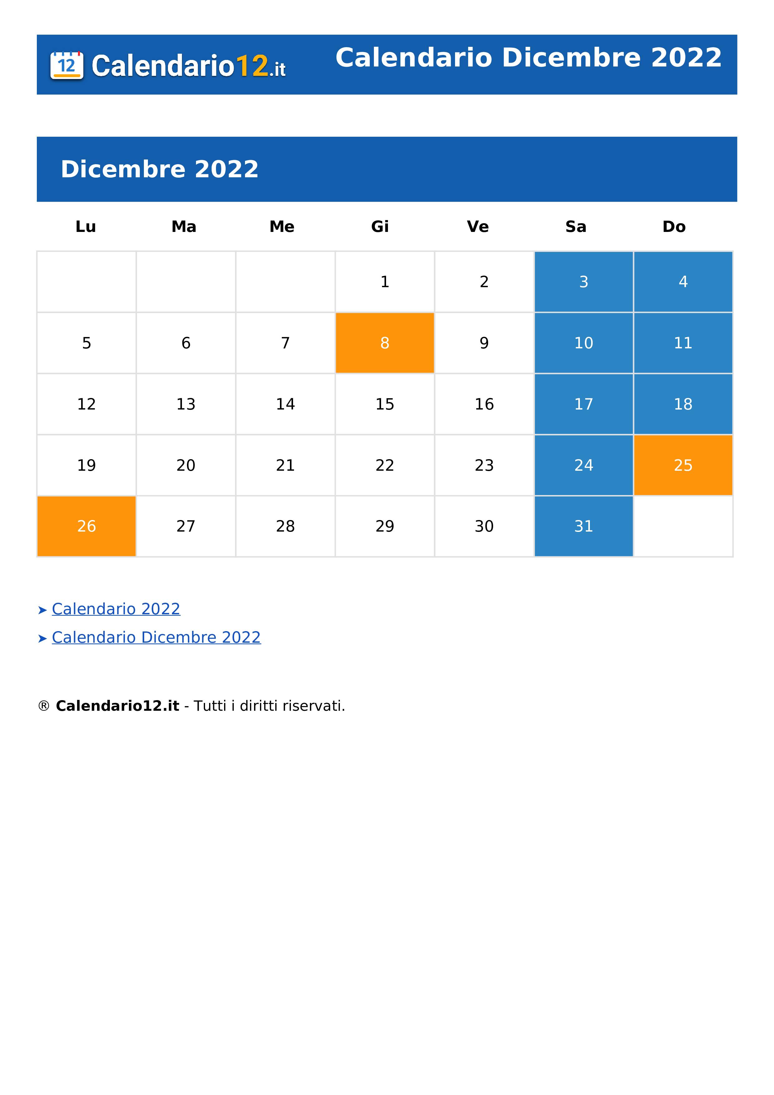 Calendario Dicembre 2022