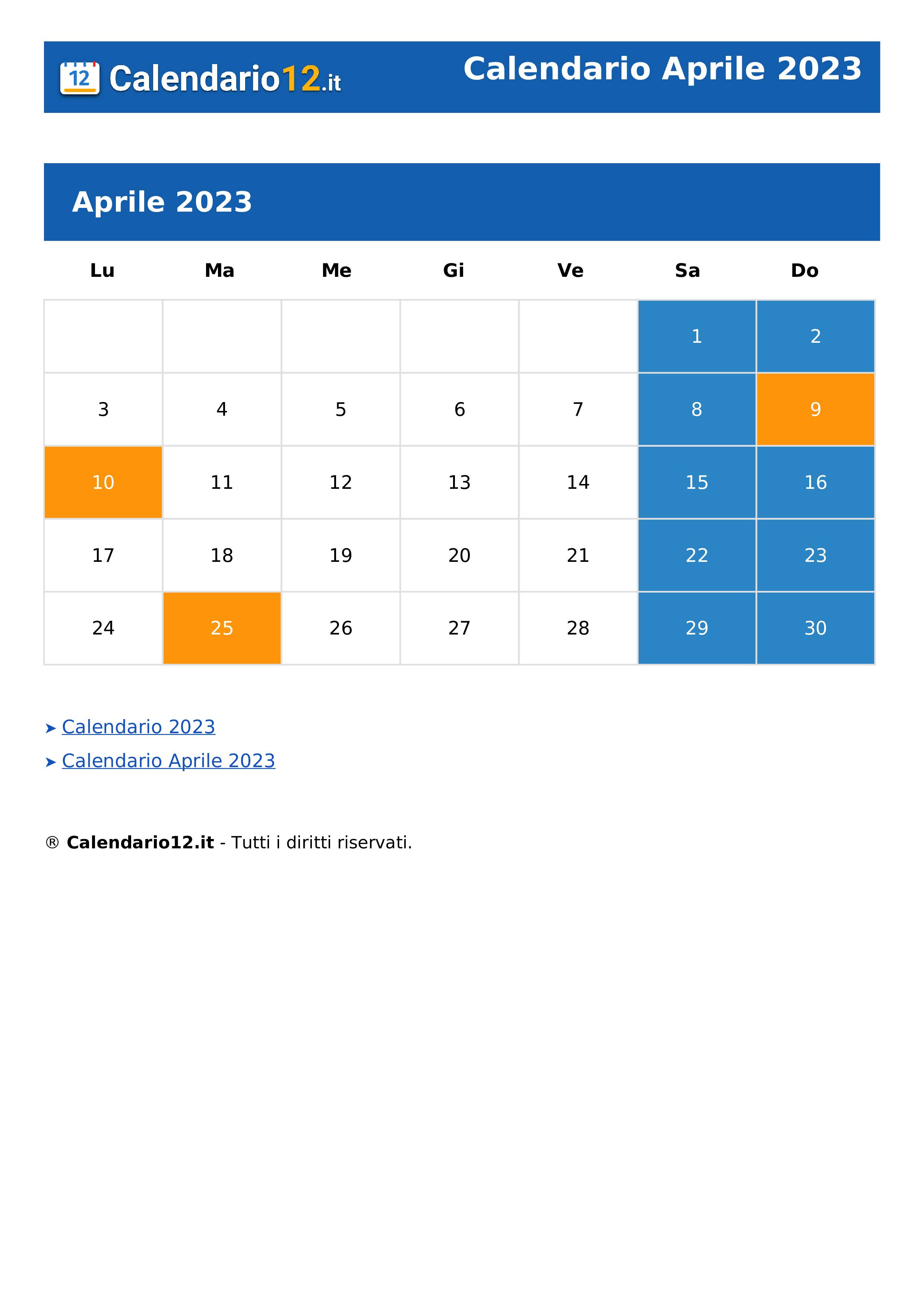 Calendario Aprile 2023