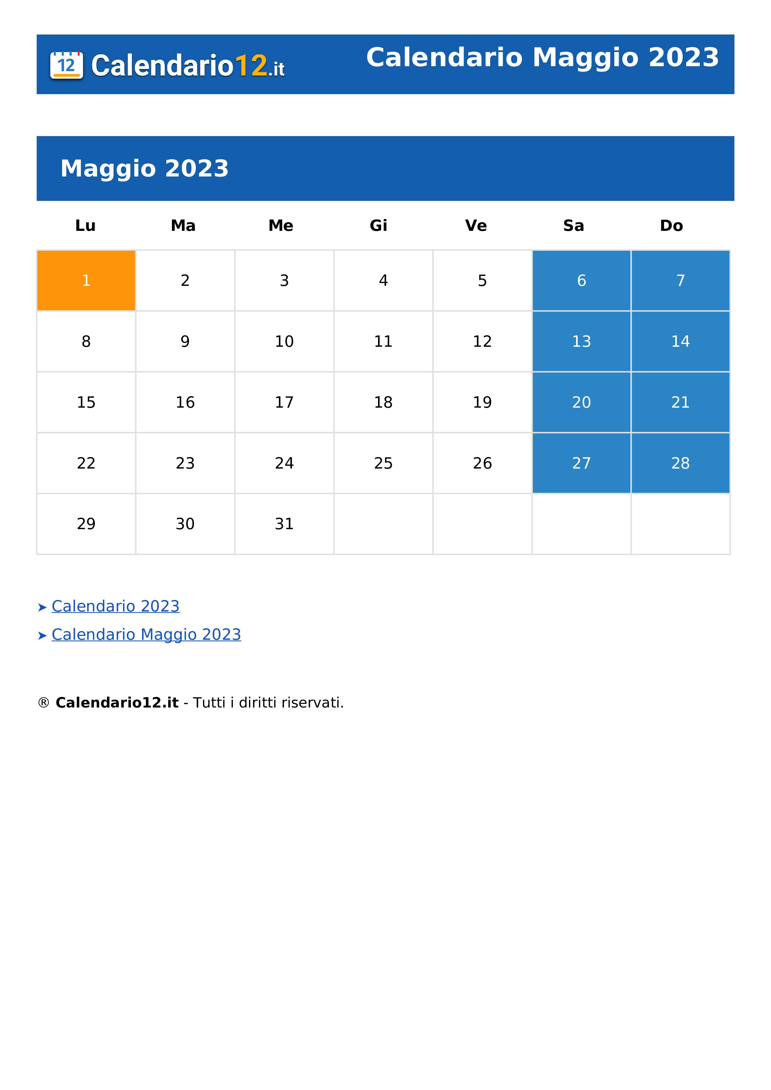 Calendario Maggio 2023